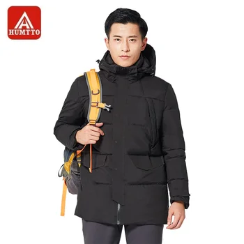 

HUMTTO Men's Hiking Down Jackets Long Zipper Hooded 80% Dray Duck Down Winter Thermal Water Repellent Caots.