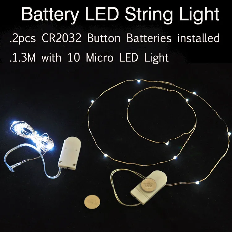 20 шт./лот CR2032 Кнопка Батарея работает 1 м 10 светодиодов Micro Гирлянды светодиодные свет, водонепроницаемый свет фея полосу для свадьбы
