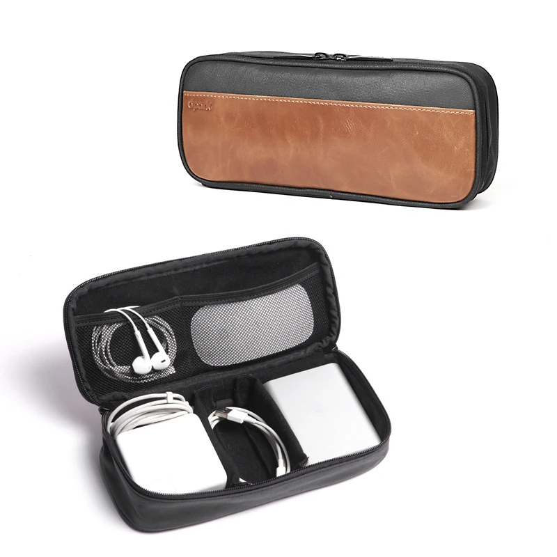 

Canvas Storage Bags Crazy Horse PU Leather Mouse Data Cable Mobile Power Protection Bag U Disk Headset Charger Finishing Box