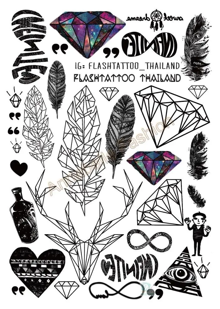 A6080 201 Big Black tatuagem Taty Body Art Temporary Tattoo Stickers Feather Rainbow Diamond font b