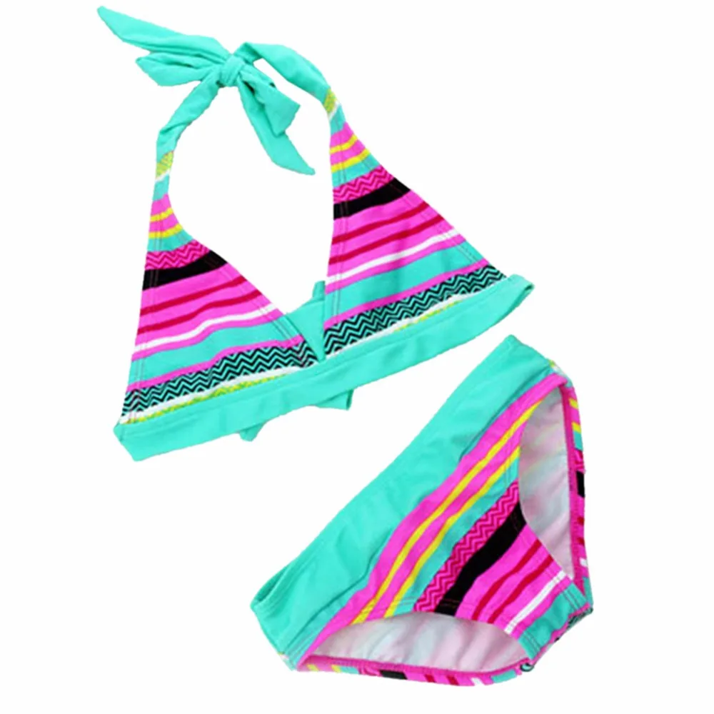 2019 summer striped girls bikini set colorful kid swimwear close