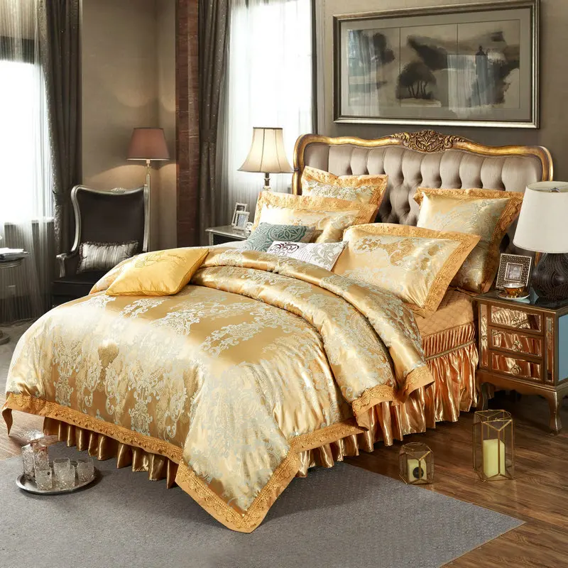 

Golden European Floral Print Jacquard Bedding Silk Cotton Blend Queen King Size 4/6/7pcs Duvet Cover Bedskirt Sheet Pillow Case