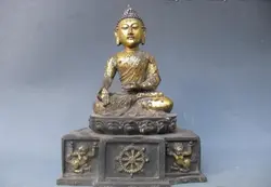 Коллекционные бронзовый лев статуя S0714 Буддизм Храм Бронзовый Gild Два Льва Шакьямуни Татхагата Статуя Будды Ru Лай (B0328)