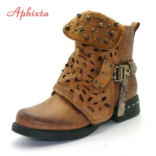 Aphixta 2018 New Rivets Ankle Boots For Women Zip Vintage Buckle Round Toe Leather Shoes Square High Heels Ladies Shoes Women цена Aphixta 2018 New Rivets Ankle Boots For Women Zip Vintage Buckle Round Toe Leather Shoes Square High Heels Ladies Shoes Women цены онлайн