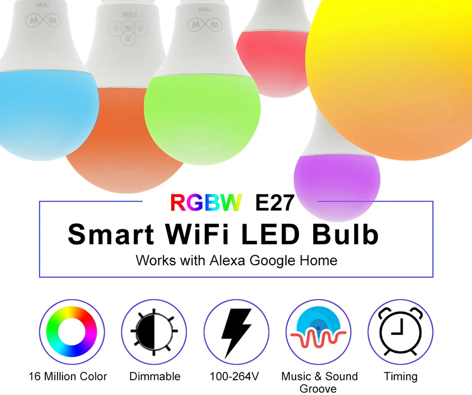 Светодиодный лампы E27 Смарт WI-FI, работает с Amazon Alexa и Google Home RGB белый Холодный теплый белый AC85-265V 6,5 W светод