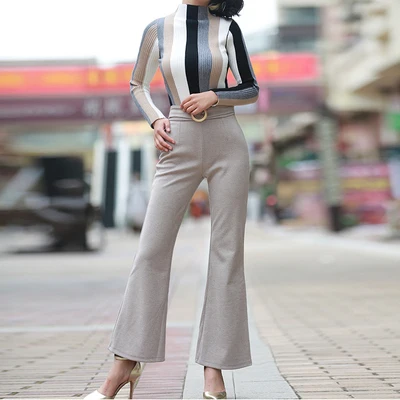 beige Apricot Модные Бежевые, абрикосовые штаны с колокольчиками брендовые зимние брюки высокого качества плотные шерстяные брюки с высокой талией узкие брюки клеш - Цвет: beige Apricot