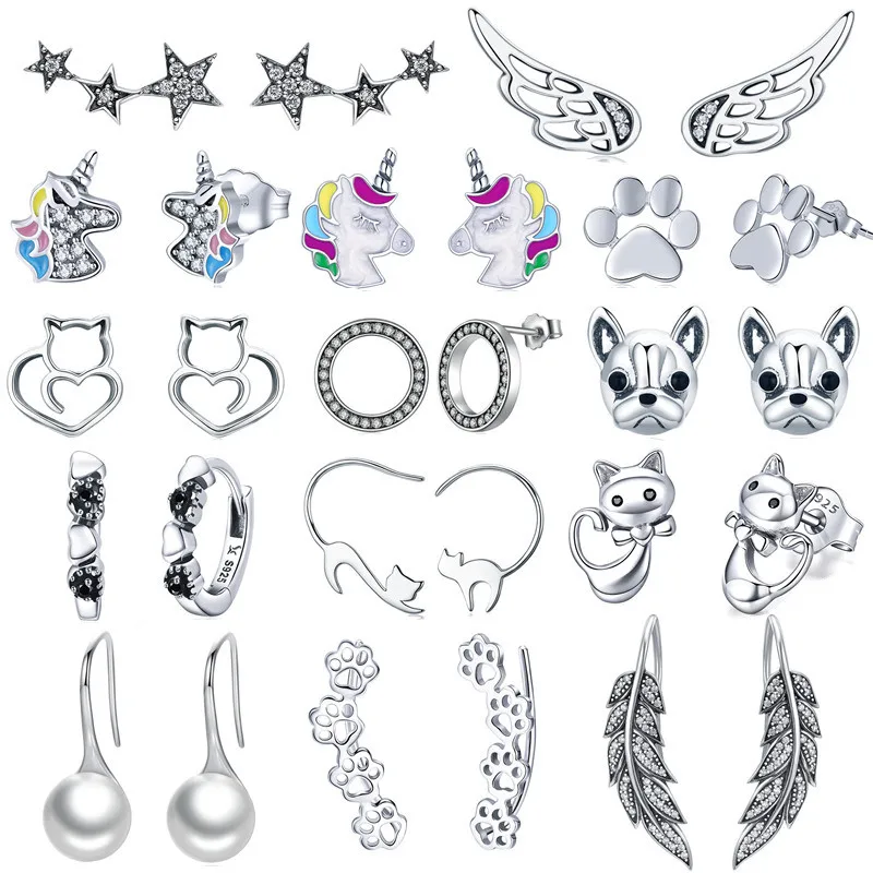 INBEAUT, женские трендовые серьги-гвоздики, 925 пробы, серебряные, цветные, крылья мечты, единорог, милый кот, медведь, серьги с лапами, подарок на день рождения