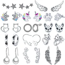 INBEAUT, женские трендовые серьги-гвоздики, 925 пробы, серебряные, цветные, крылья мечты, единорог, милый кот, медведь, серьги с лапами, подарок на день рождения