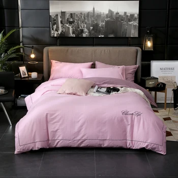 

Simple Embroidery Bedding Set Queen King Size Duvet Cover Bed Sheets Pillowcase Pink Blue Green Gray Cream-colored Cotton Fabric