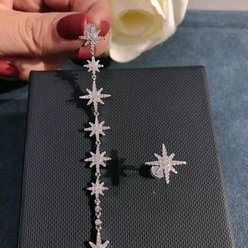 

UMGODLY Luxury Brand Asymmetric Long Star Earrings Full Cubic Zirconia Meteorite Drop Earrings Silver Color Women Party Jewelry