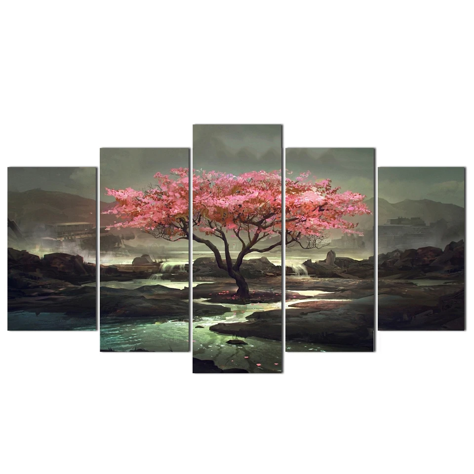 

Modular Canvas HD Prints Posters Home Decor Wall Art Pictures 5 Pieces Red Tree Paintings Framework Spray Painting