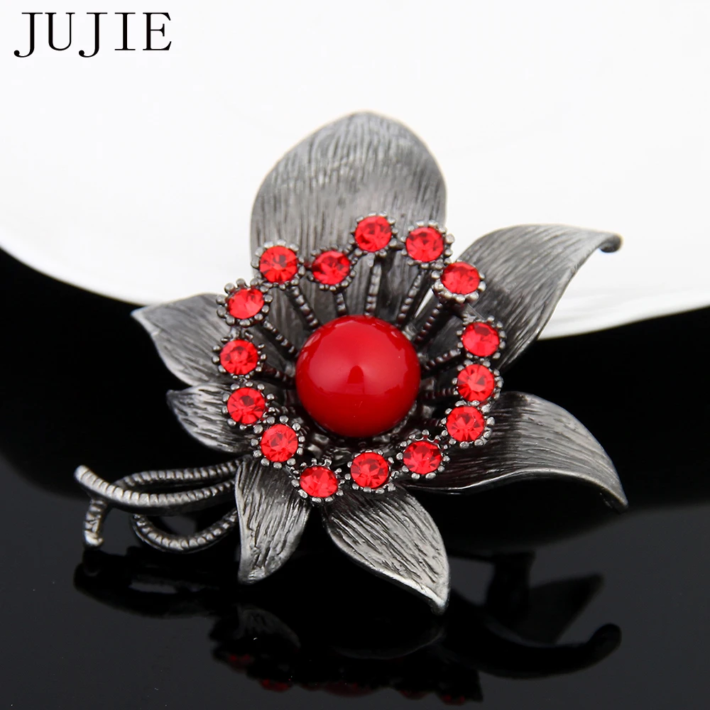 JUJIE Vintage Flower Brooches Exquisite Crystal Unique Plant Brooch