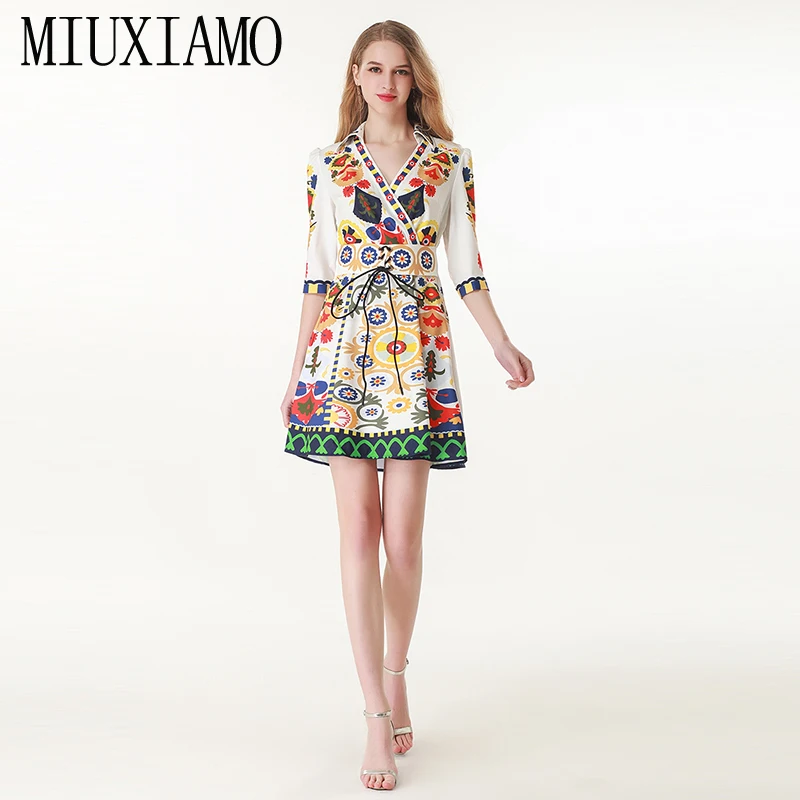 

MIUXIMAO High Quality 2019 Luxurious Spring&Summer Dress Diamonds Flower print Eleghant Casual Dress Women vestido With Belt