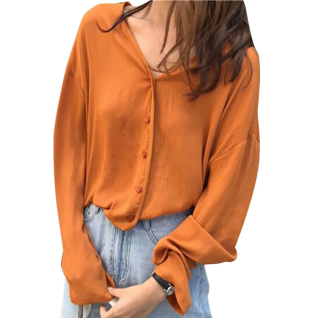 

Women Chiffon Solid Blouse Summer Fashion Women's Clothing Long Sleeve Loose Minimalist Streetwear V-Neck Linen Shirt