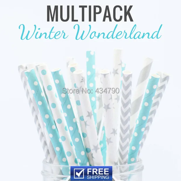 

250pcs Mixed 5 Designs WINTER WONDERLAND Wholesale Bulk Paper Straws, Light Blue, Silver Striped, Chevron, Star, Mini Dot
