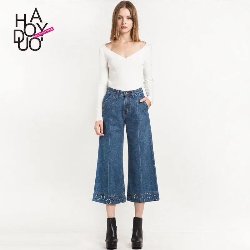 

Haoduoyi western style fashion loose cute metal ring high waist SML XL XXL denim woman's Casual calf-length jeans wide leg pants