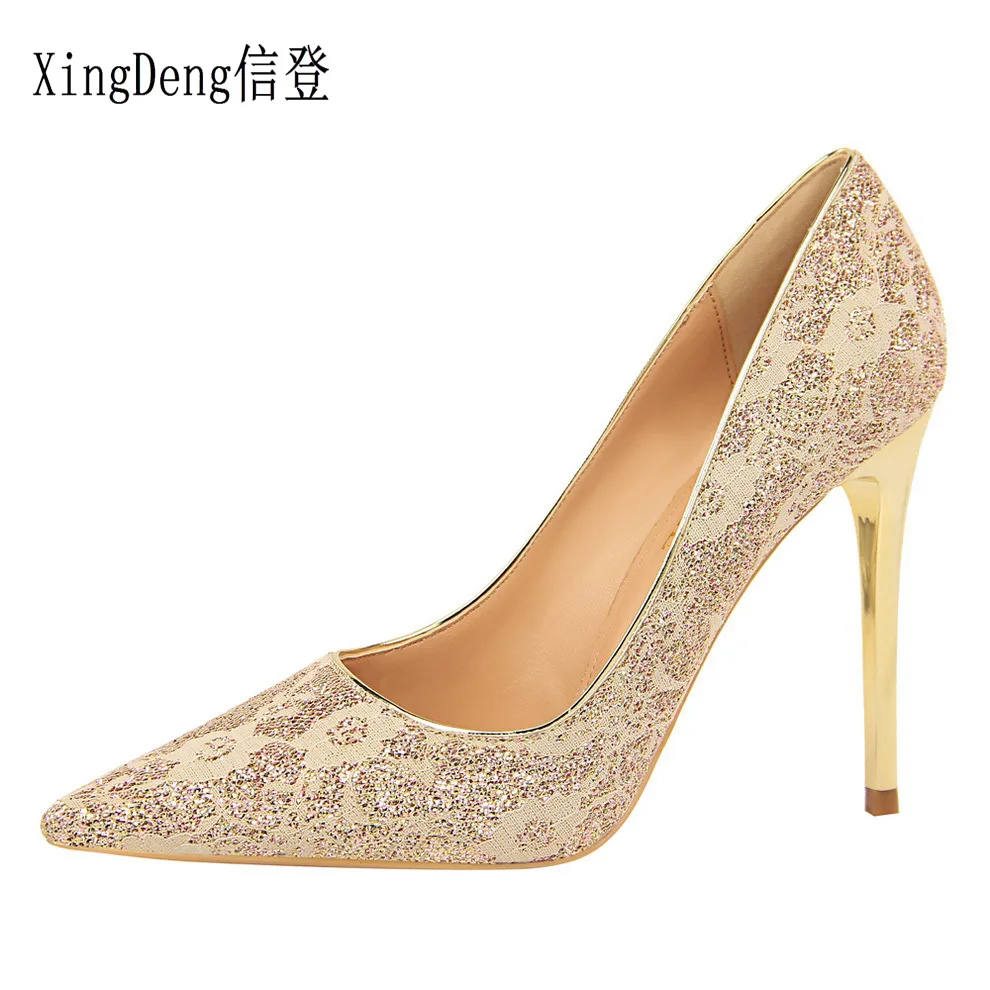 

XingDeng Lady Girls Pointe Toe Wedding Party High Heels Pumps Shoes Women Lace Sequined Cloth Glitter Sexy Dress Stilettos