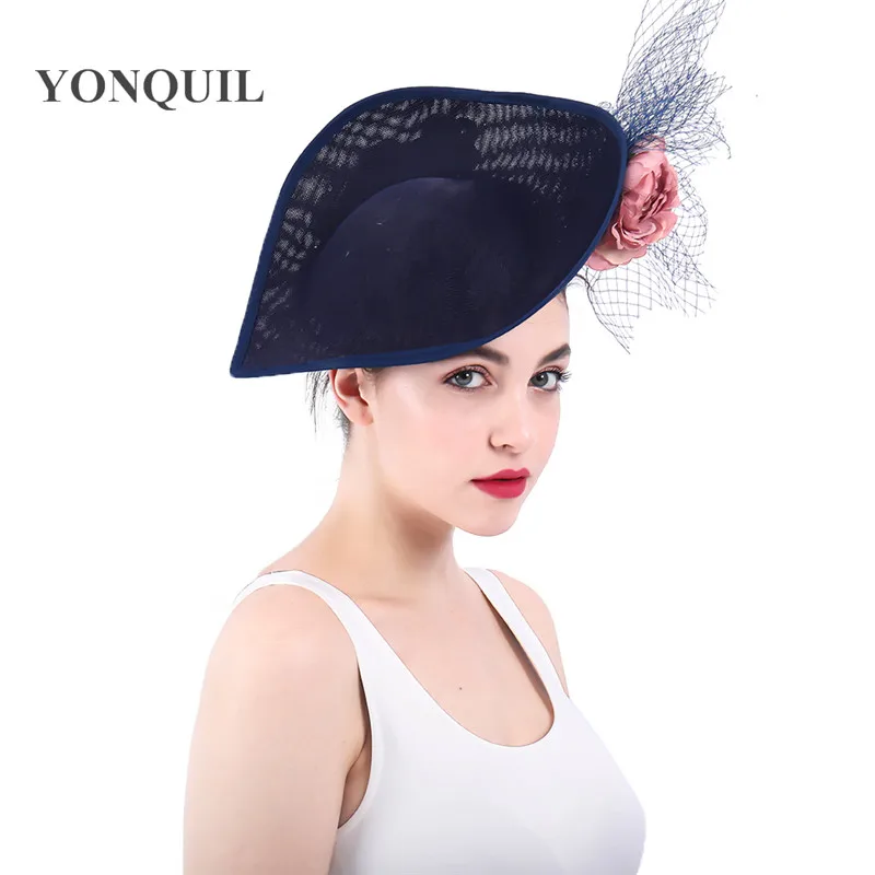 

Ladies Flower Imitation Sinamay Hat Bridal navy derby Pillbox Hats With Veils For Women Fashion Wedding Dress Accessories SYF258