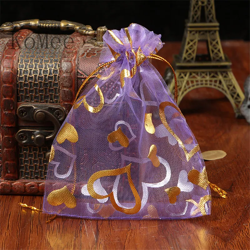 Us 13 86 16 Off Whole 100pcs Lot Purple Organza Bags 17x23cm Hearts Design Wedding Favor Cosmetics Candy Boutique Packaging Gift Bag Pouches In
