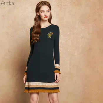 

ARTKA Autumn Women's Dress 2018 Patchwork Embroidery Dress Women Long Sleeve Sweater Dress Slim Elegant Dress Plus Size LB10172Q