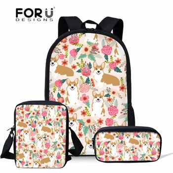 

FORUDESIGNS School Backpack Corgi Pet Florals Printing Kids Bag Teenager School Bags for Children Girls Schoolbag Mochila Cute
