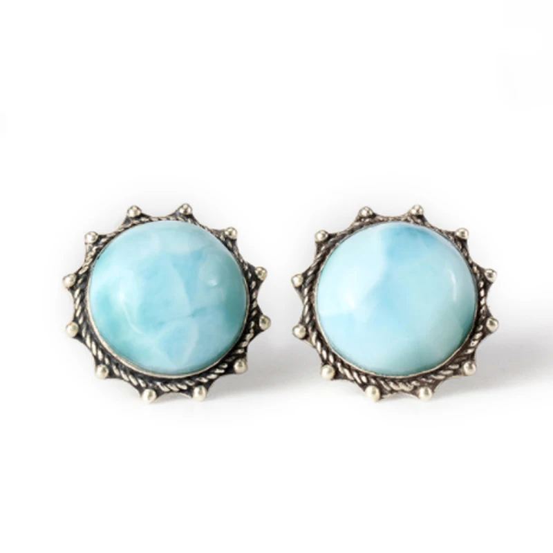 Natural Larimar 925 silver gemstone earrings for women,round flower shape, sun fashion and trendy