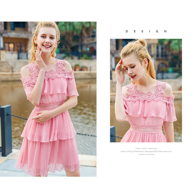 2018 Summer Dress Women Fashion Chiffon Ruffle Dresses Pink Lace Patchwork Vestidos Mujer Print Off Shoulder Dress Robe Femme (5)