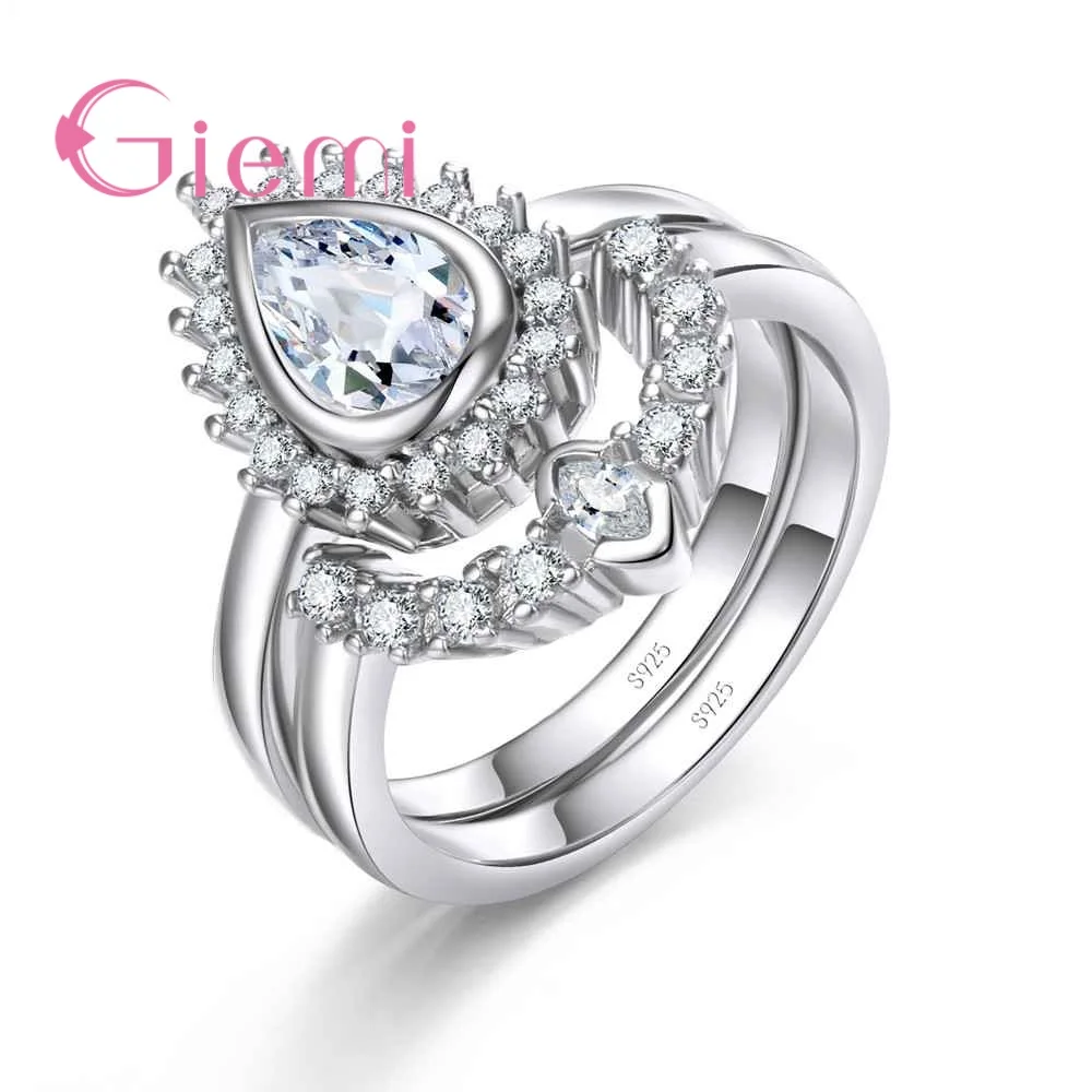 Romantic 2 Rings Set Women Girl Fingers Jewelry Real 925 Sterling Silver AAAAA Cubic Zirconia Prong Setting Top Quality | Украшения и