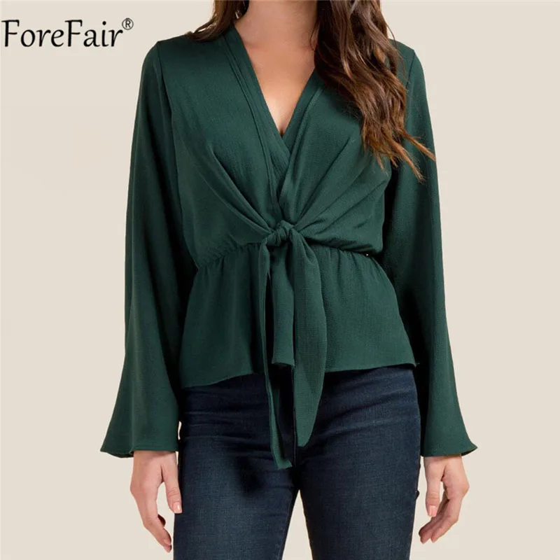 ForeFair Весенние длинные расклешенные рукава V шеи Блузки с лентами зеленые женские летние топы Мода