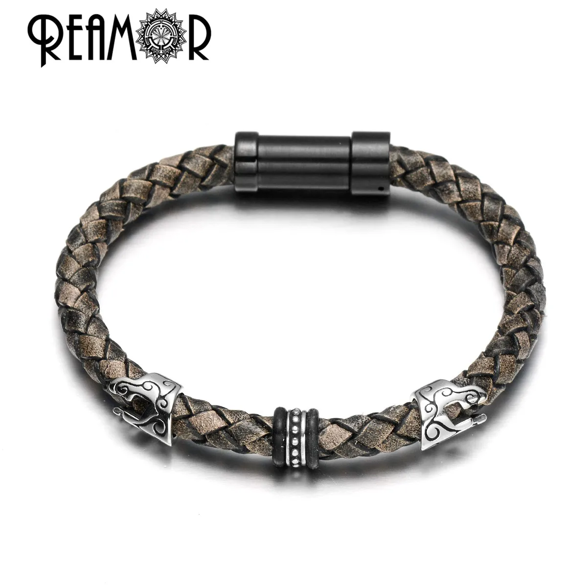 

REAMOR Classic 316l Stainless Steel Roman Warrior Helmet Genuine Leather Bracelet For Men Charm Jewelry Handmade Wristband Gift