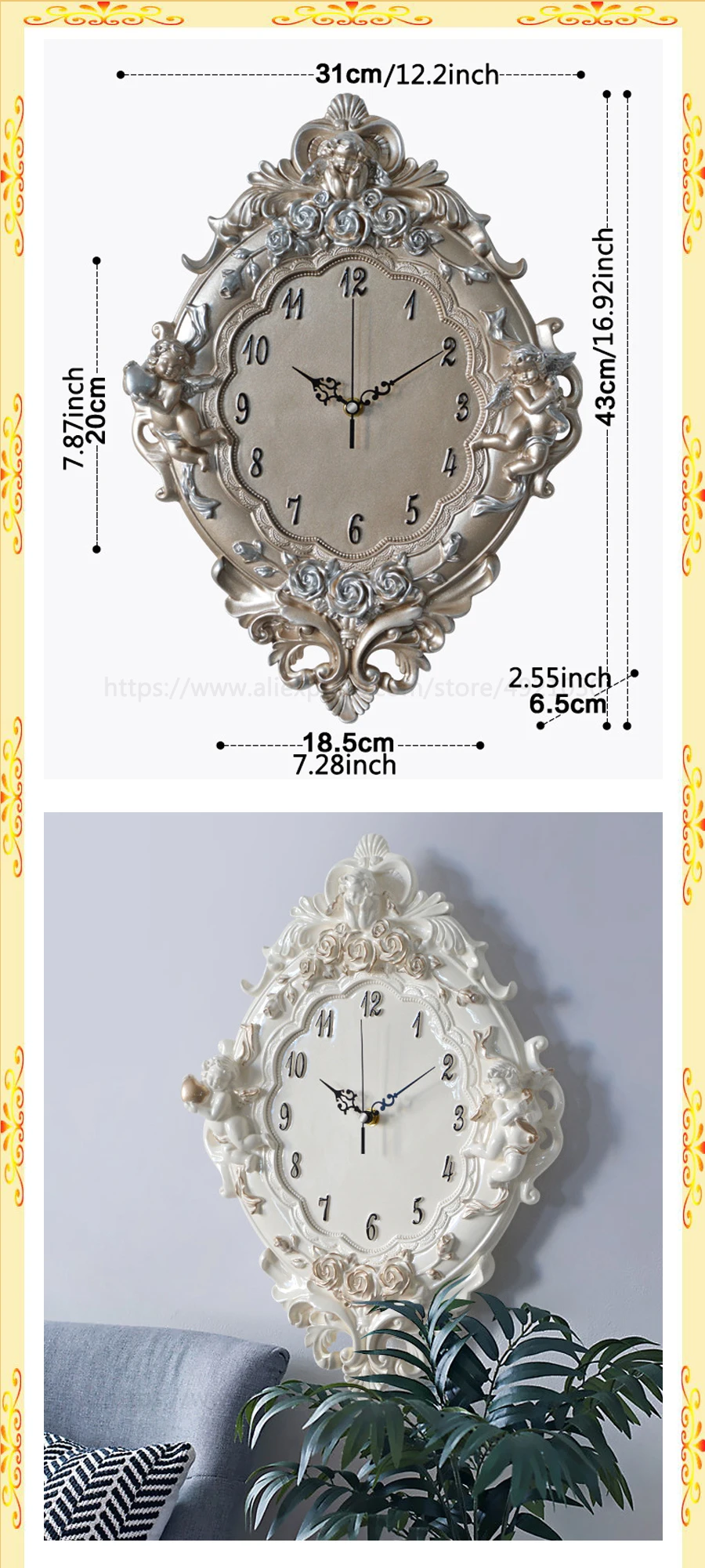 Креативный Декор европейские ретро смолы пасторальные кварцевые часы немой стиль приглушенные модные розы круглые настенные для подарка поддержка