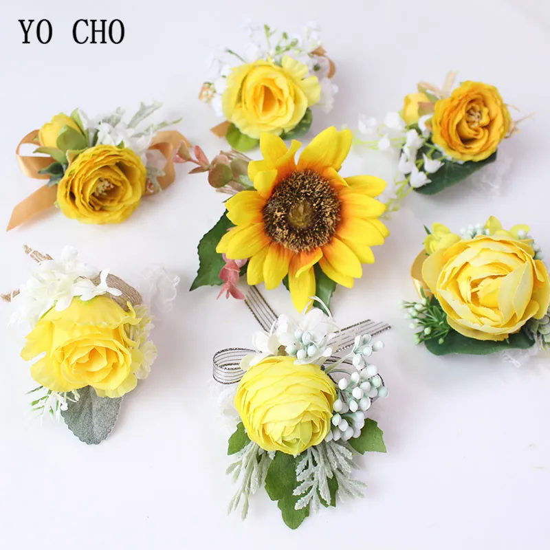 Boutonniere Flowers wedding wrist corsage flowers silk roses yellow  (54)