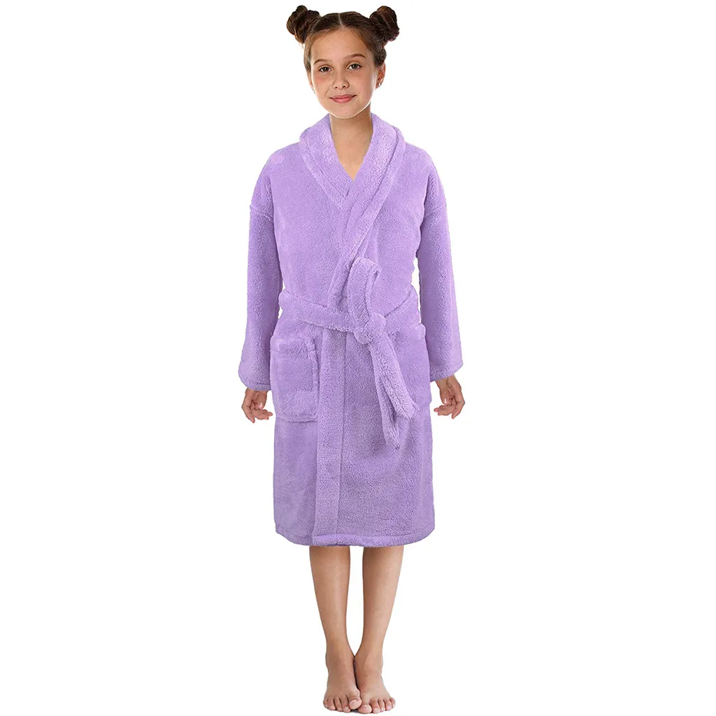 TELOTUNY/детский фланелевый теплый Халат банный халат с поясом для мальчиков и девочек, Одноцветный фланелевый банный халат, ночная рубашка, пижама, одежда для сна, x0510