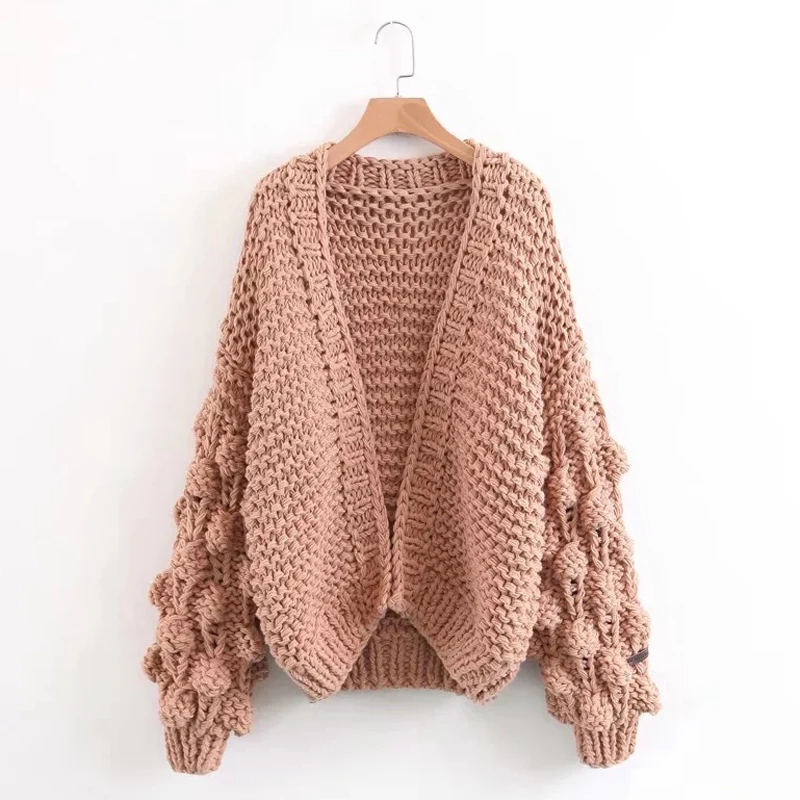 Décontracté Noir kaki Mode rouge rose Manches Main blanc gris La Chandail Baggy Avant À D'hiver Fait Cardigan Femelle Doux Tricoté Lanterne Femmes Ouvert zqSTZx