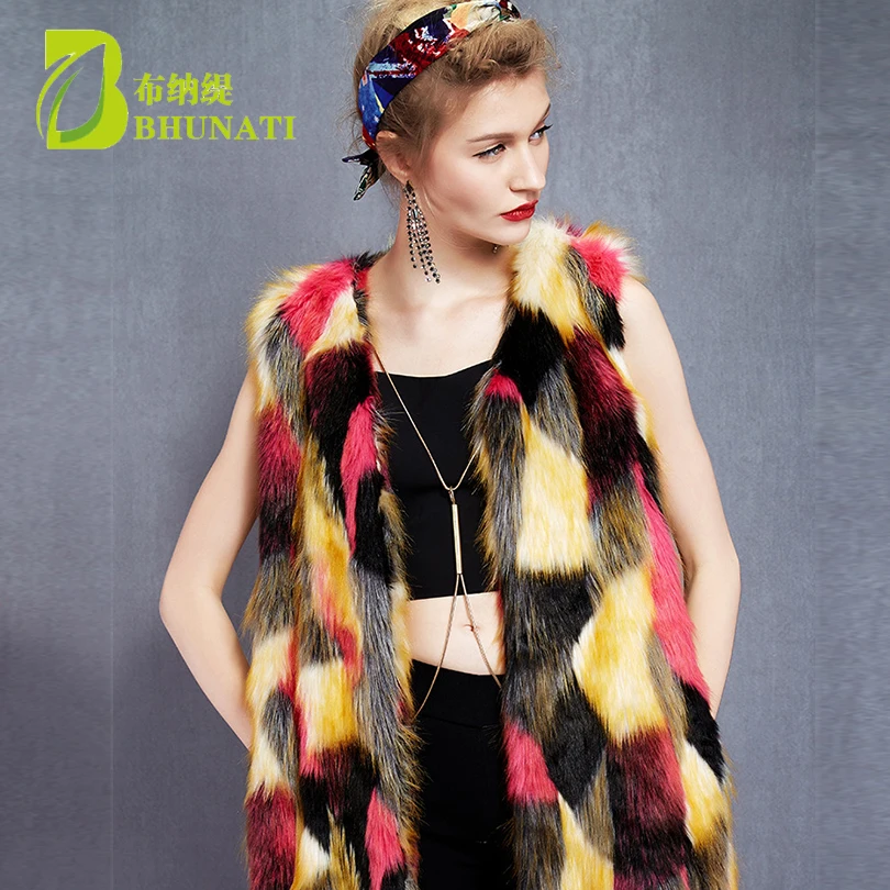 BHUNATI Women Multicolor Long Faux Fur Coat Hit Color Artificial Fur Furry Vest Slim Sleeveless Colorful Coats BCD1507097