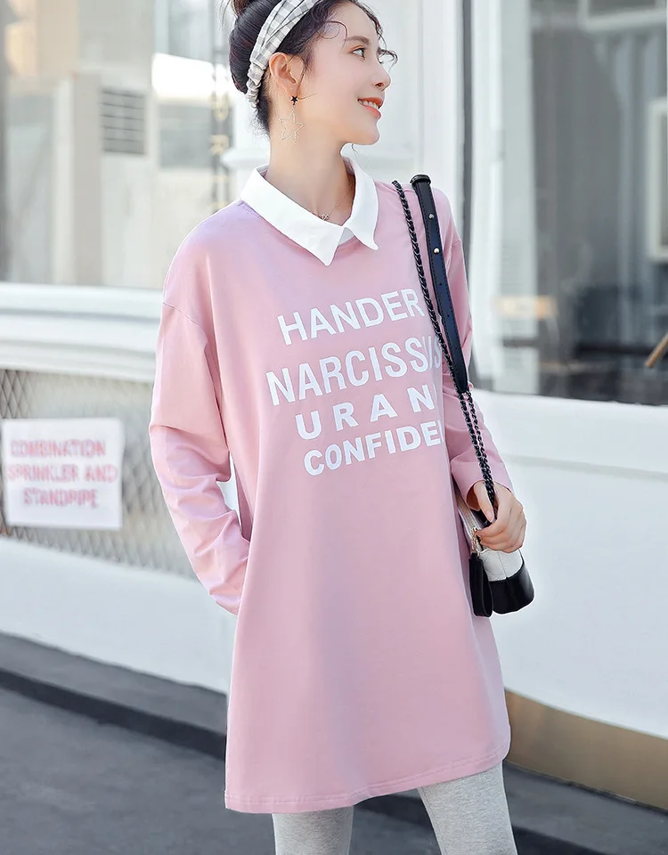 Женское Повседневное платье-футболка с отложным воротником и длинными рукавами для беременных, новые модные милые блузки с надписями для