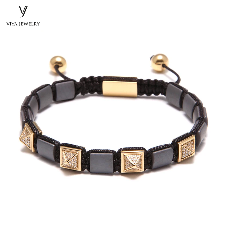

Fashion Gold Pyramid Micro pave zircon Beads Macrame Bracelet Luxury Charming Pyramid&Matt Grey Hematite Braided Bracelet Men