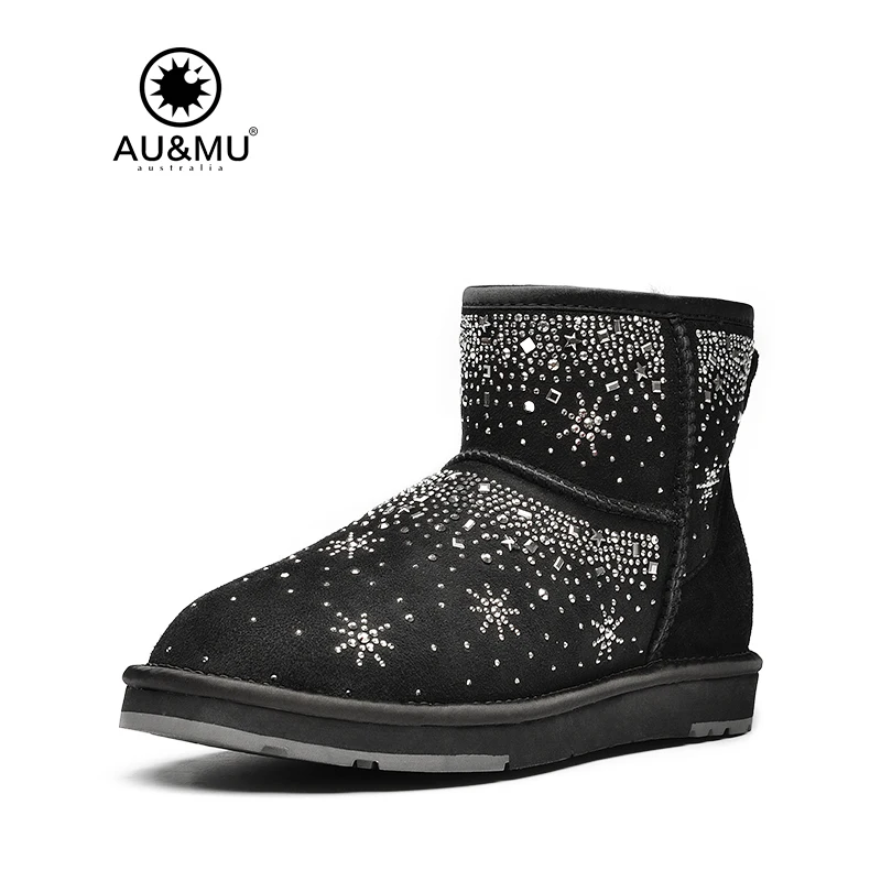 

2017 AUMU Australia Brand New Top Fashion Suede Fur Snowflakes Printing Slip-on Round Toe Snow Winter Boots UG N036