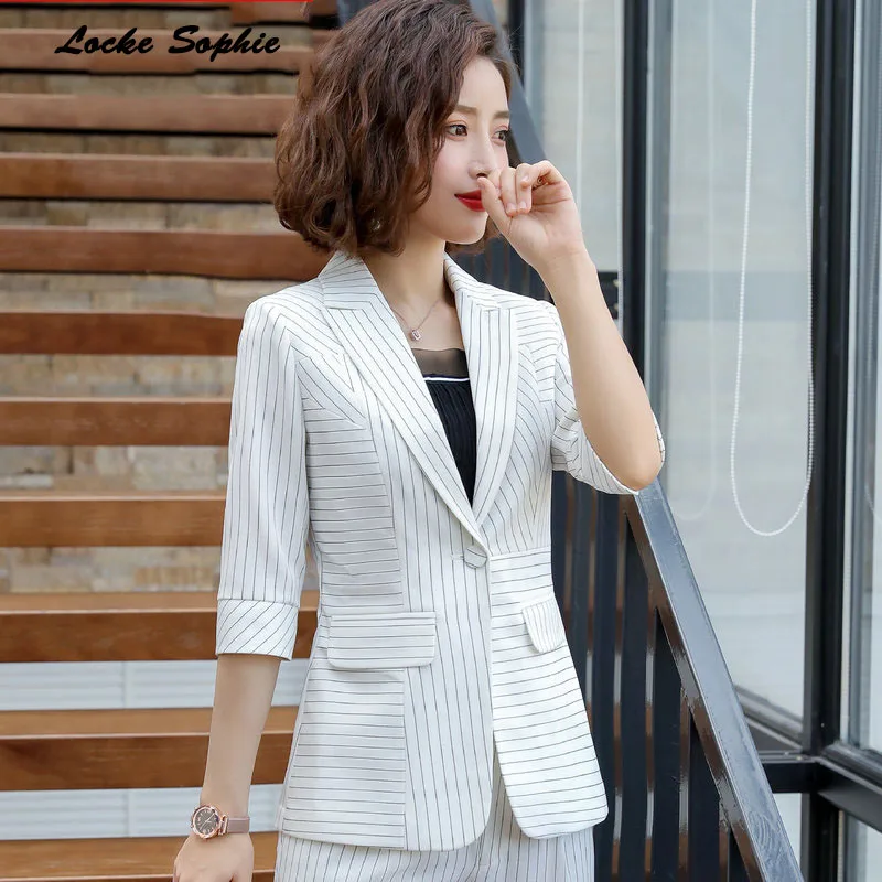1pcs Women Plus size Blazers coats 2019 Summer cotton Single button stripe Small Suits jackets ladies Skinny Blazers Suits coats