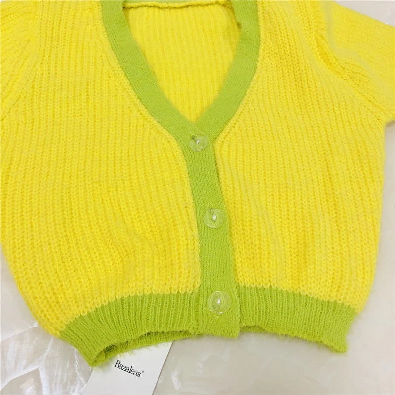 Bazaleas, винтажный укороченный топ в стиле панк на пуговицах, базовый укороченный свитер, желтый, зеленый вязаный кардиган в стиле пэчворк, Прямая поставка