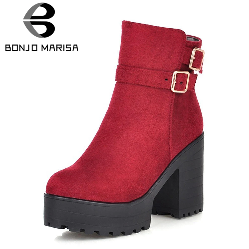 

BONJOMARISA New Big Size 34-46 Solid Square High Heel Buckle Zip Platform Shoes Women Casual women Autumn Winter Ankle Boots
