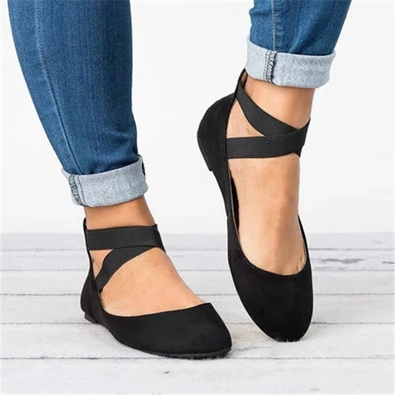 

Women Flat Shoes Loafers Plus Size Zipper Cross Tie Solid Color Sewing Casual Female Shoes Flock Moccasins Footwear Ballet
