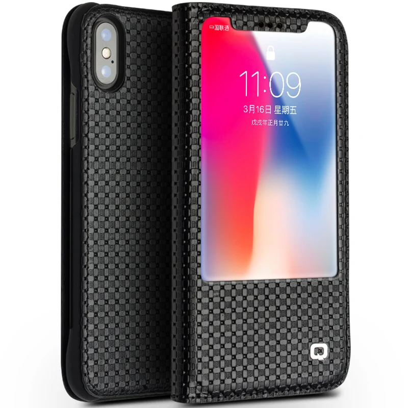 

QIALINO Genuine Leather Phone Case for iPhone X Business Style Pure Handmade Luxury Window Flip Cover for iPhone X for 5.8 inch