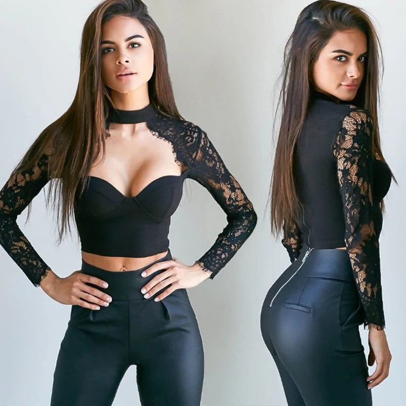 

New Women fashion T-shirt long sleeve lace patchwork hollow out sexy halter low cut short T-shirt