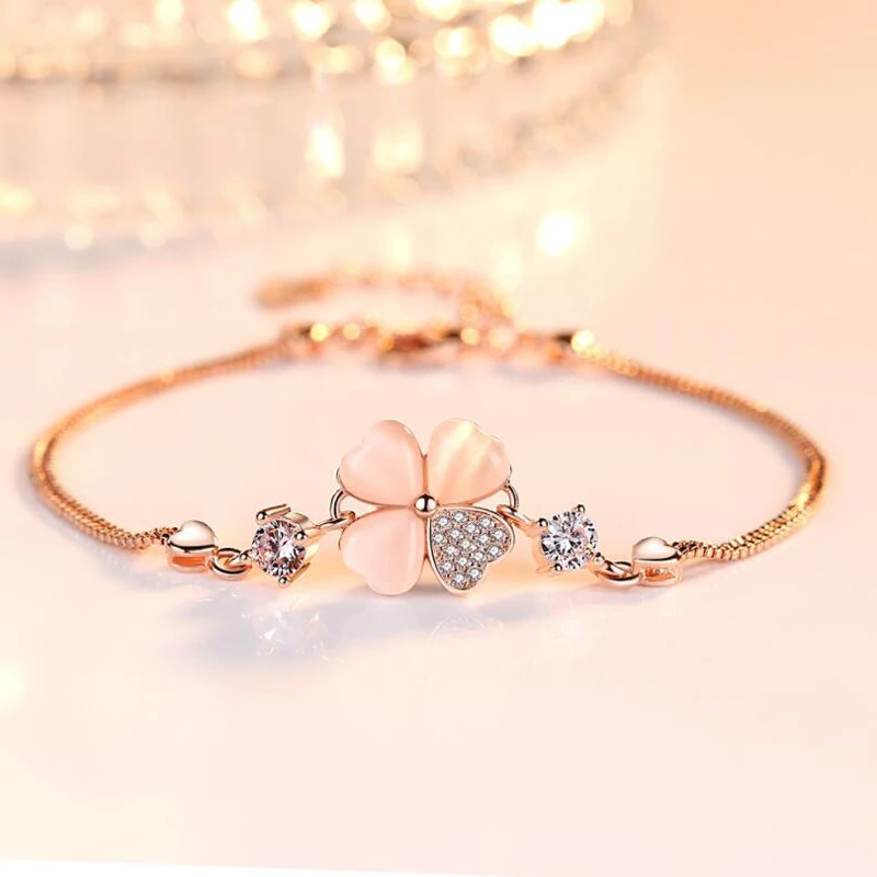 

KOFSAC New Fashion Rose Gold 925 Silver Bracelets For Women Party Luxury Crystal CZ Sweet Love Heart Four Clover Bangles Jewelry