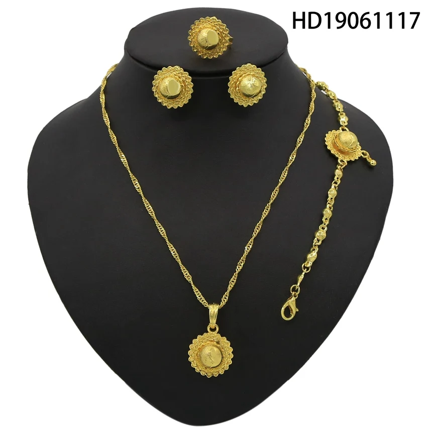 

Yulaili Fine Fashion Gold Color Ethiopia Round Pendant Necklace Stud Earrings Jewelry Sets For Women Bridal Wedding Accessory