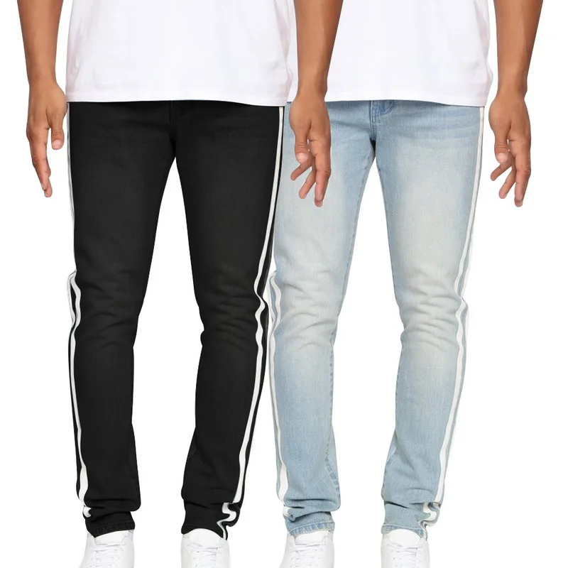 

Luxury Brand Striped Solid Jeans Men Zipper Fly Long Jeans Homme Casual Slim Pencil Jeans Pants Straight Softener Jean Hombre