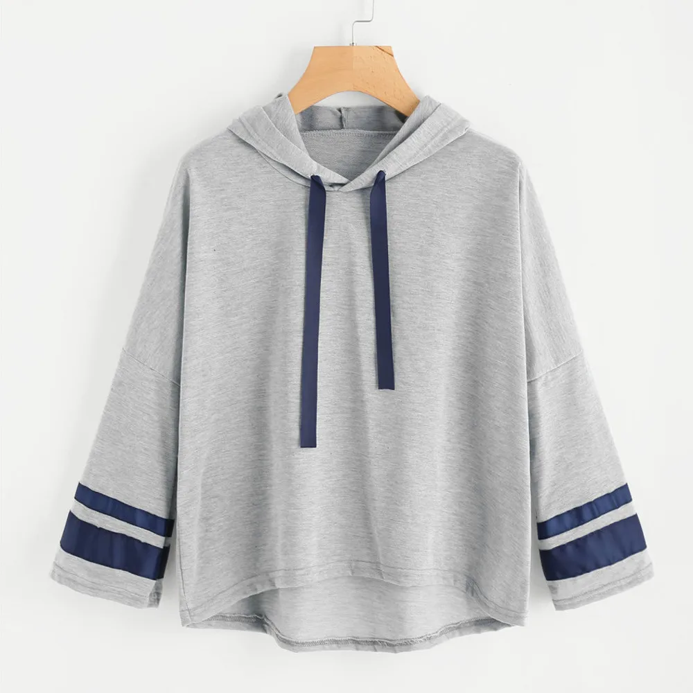 

FeiTong Gray Striped Hoodie Women Long Sleeve Contrast Hooded Sweatshirt 2018 Autumn Drawstring Loose Hoodies