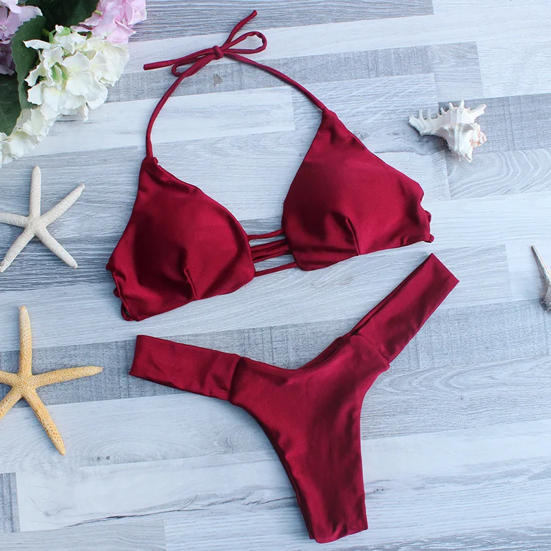 Women Swimsuit New Sexy Thongs Bikini Sets Solid Red Sexy Brazilian Beachwear Swimwear Women
