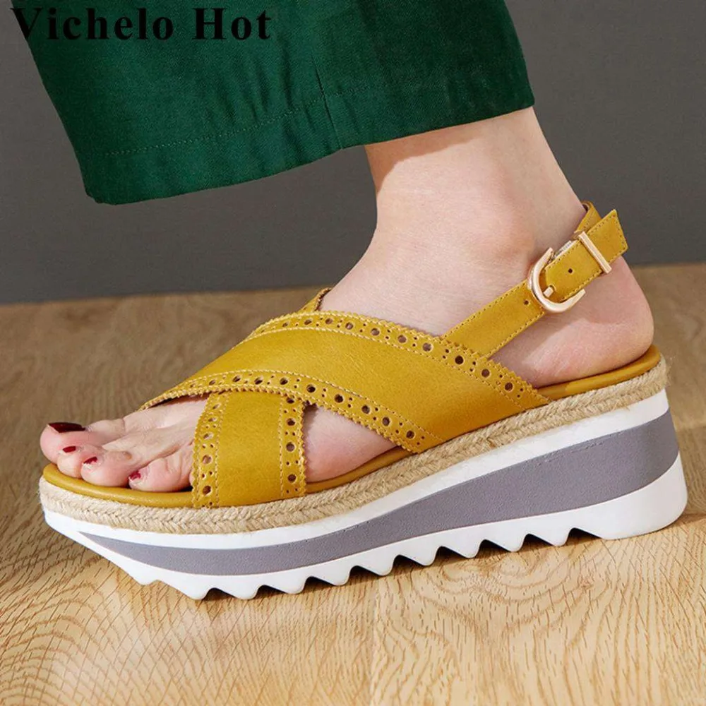 

Vichelo Hot natural leather buckle strap wedges med bottom waterproof peep round toe gladiator shoes vocation party sandals L66